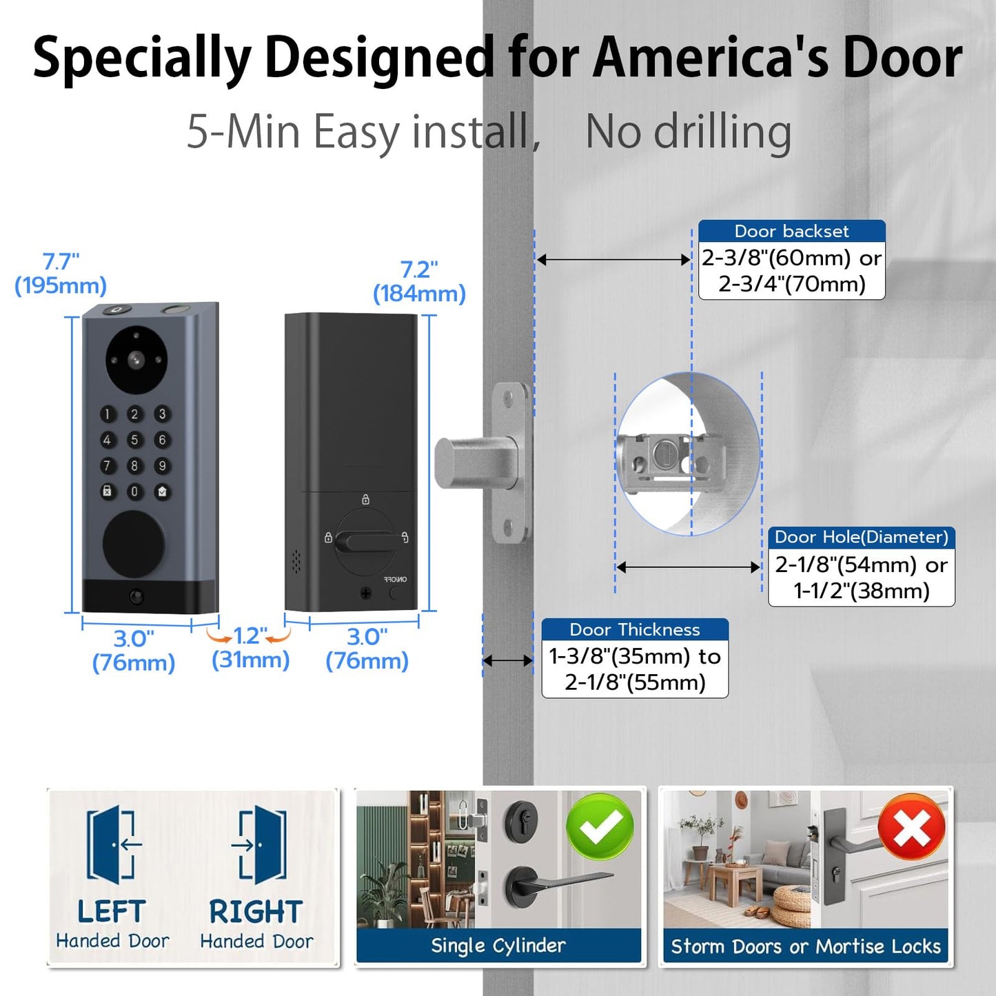 eLinkSmart Smart Door Lock with Camera Deadbolt with Video Doorbell PIR Motion Detection Front Door Lock with Fingerprint Keypad Code Long-Lasting Battery Built-in Wi-Fi No hub Required No Drilling