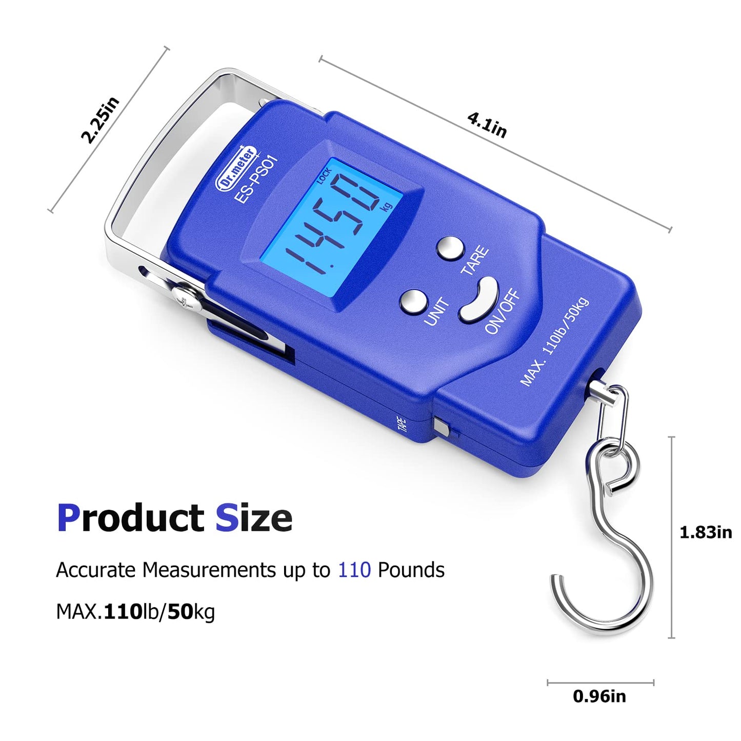 Dr.meter Fish scale, Backlit LCD Display 110lb/50kg PS01 Fishing Scale with Measuring Tape, Electronic Balance Digital Fishing Postal Hanging Hook Scale with 2 AAA Batteries-Fishing Gifts for Men,Blue