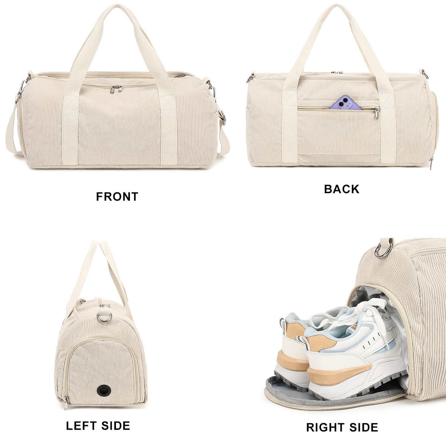 Duffle Bag for Gym Sports Women Girls Workout Travel Bag Weekender with Shoe Compartment and Wet Pocket (Corduroy-beige)