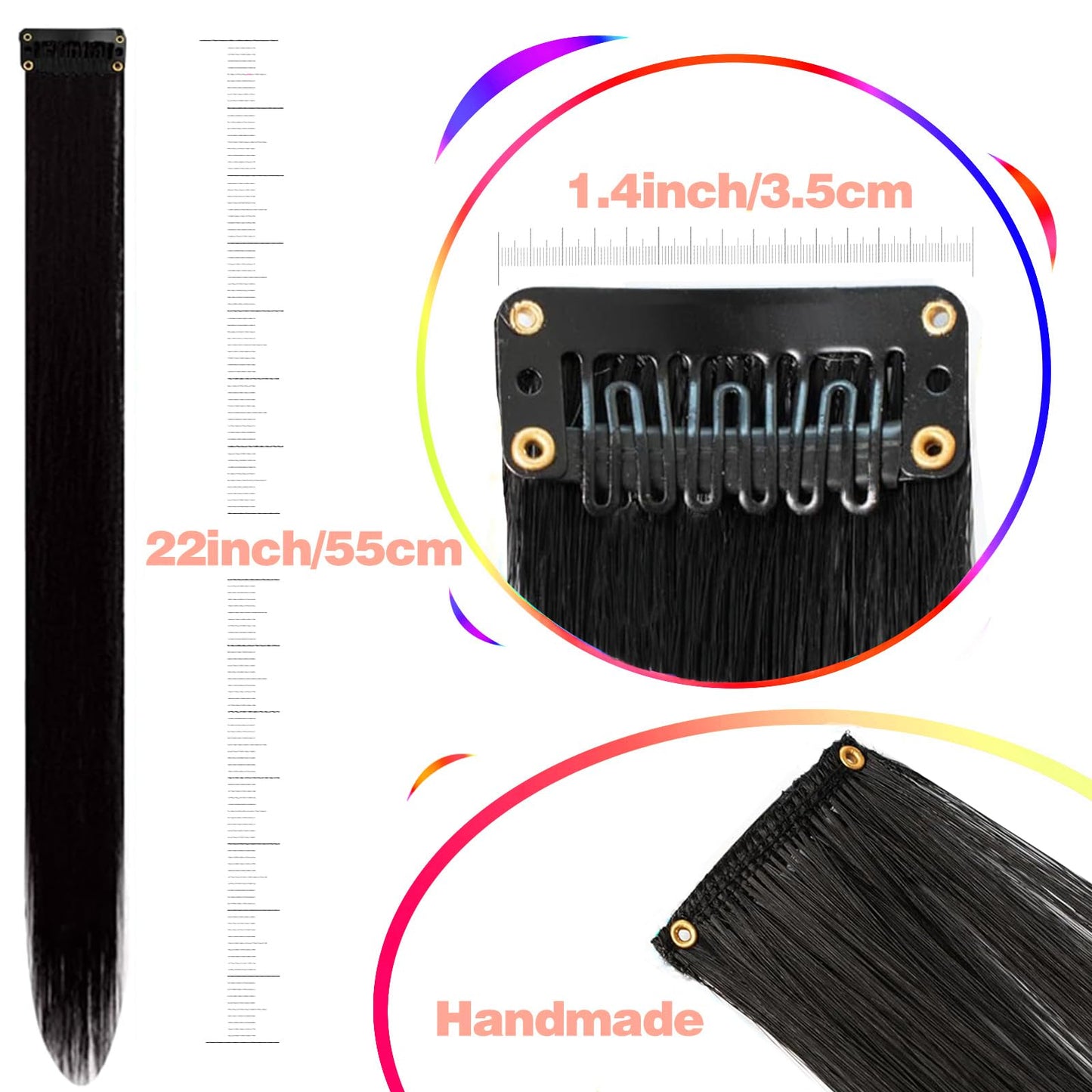 12 PCS Black Hair Extensions Clip in, Colored Party Highlights Extension for Girls Women Synthetic Hairpiece Straight 22 inch