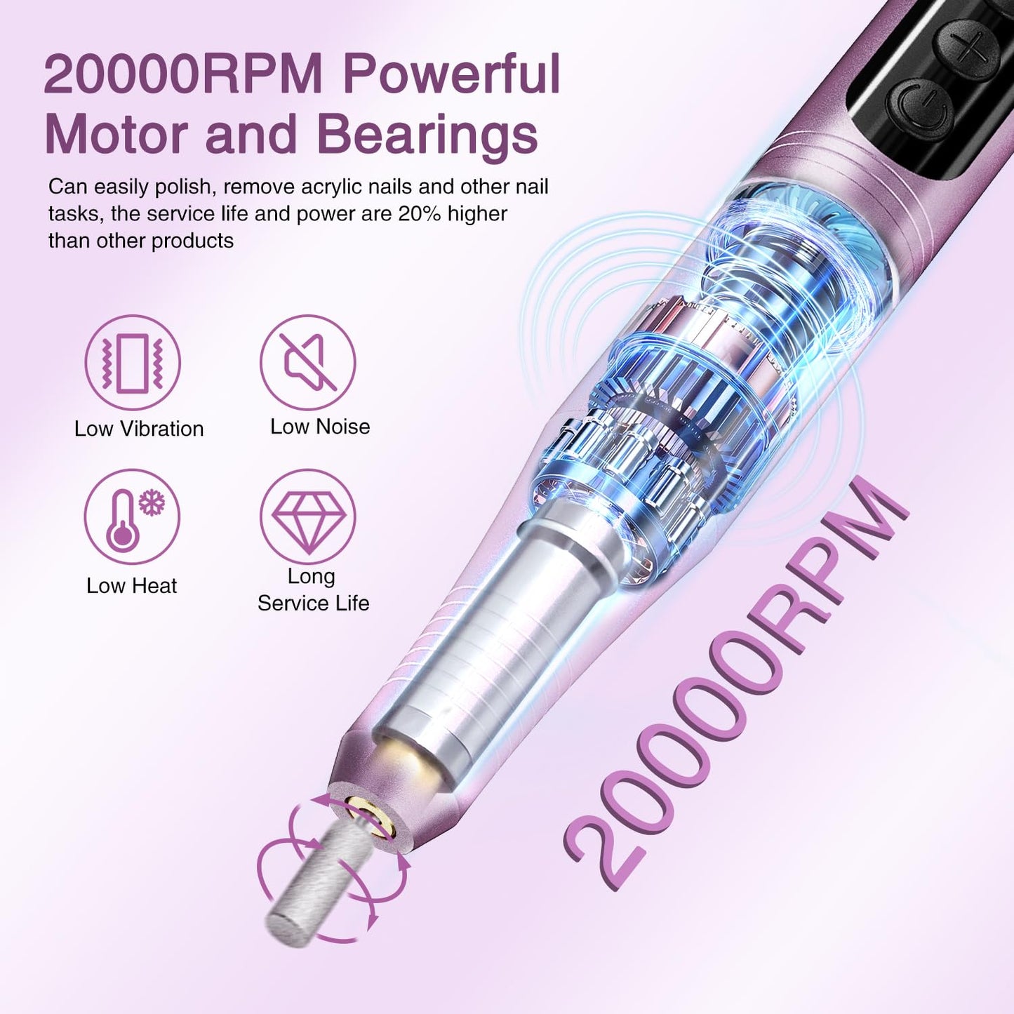Electric Cordless Nail Drill File: LED Display Professional Portable Nail Drill for Acrylic Gel Dip Powder Nails Manicure Pedicure Kit Tool with Nail Drill Bits Sanding Bands, Purple