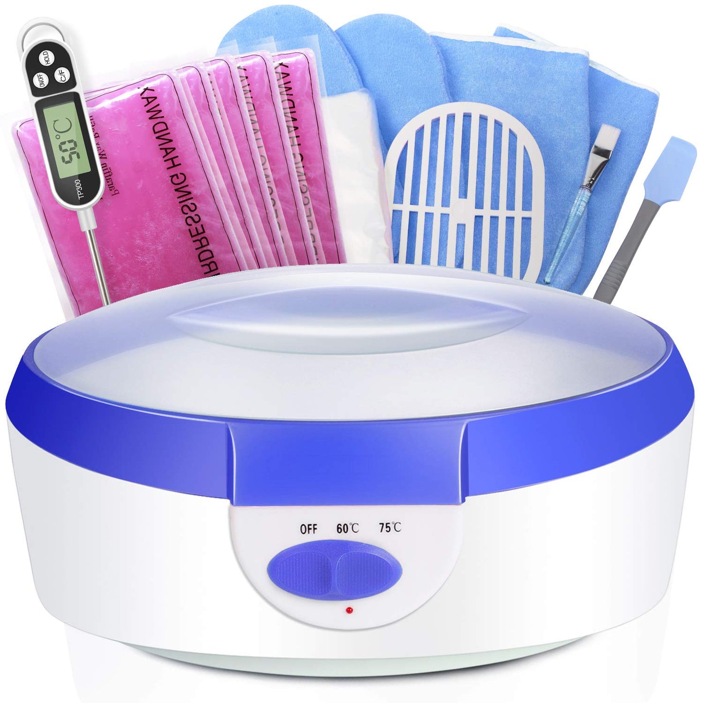 Ejiubas Paraffin Wax Machine - Quick Heating Paraffin Wax Warmer Moisturizing Kit with 2.2 lb Paraffin Wax 2 Thermal Mitts Botties 200 Gloves Liners for Hand and Feet Praffin Bath Blue 2500ml