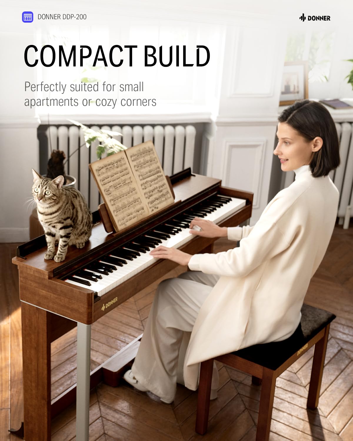 Donner Digital Piano with 88 Key Dynamic Graded Hammer Action Weighted Keyboard Piano, DDP-200 Upright Digital Piano for Professional with LCD Screen/5 Reverb/BT MIDI/Three Pedal