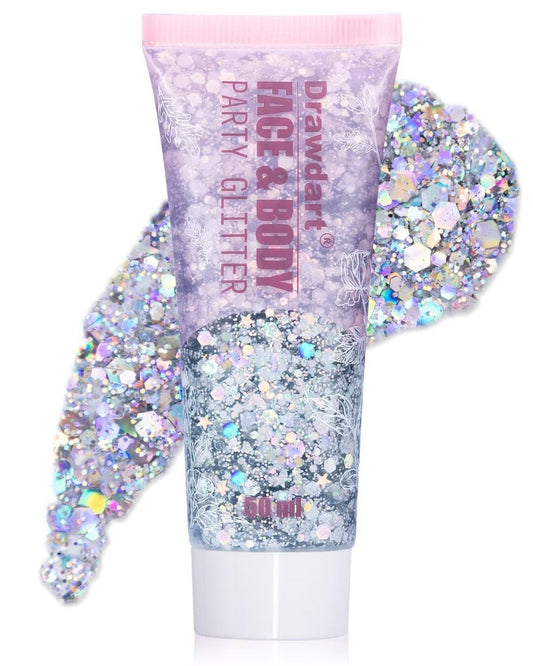 Drawdart Face & Body Glitter,Cosmetic-Grade Holographic Glitter Gel,50ml Silver Hair Glitter Gel,Rave Glitter,Mermaid Makeup Glitters for Women - Vegan & Cruelty Free