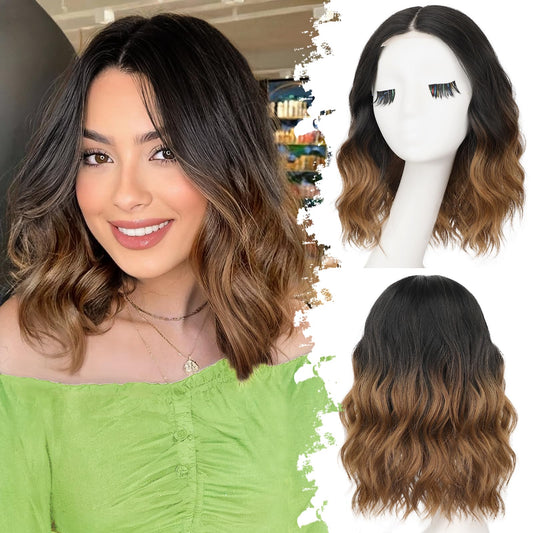 Eawwii Ombre Brown Short Wavy Wig for Women Lace Hairline Bob Style Synthetic Heat Resistant - Natural Appearance for Everyday Hairstyle 14 Inch