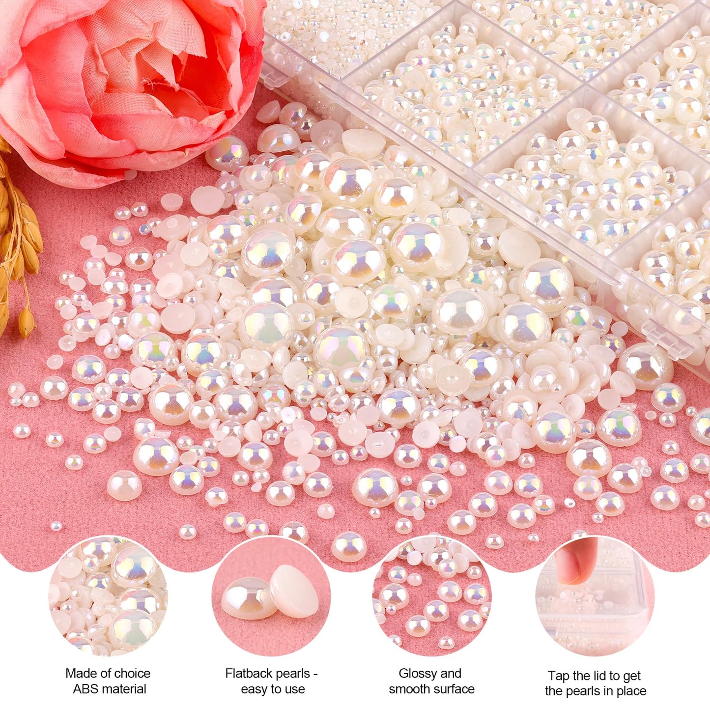 11000Pcs Flatback Pearls for Crafting (Beige AB), Assorted Size 2/3/4/5/6/8/10mm Non Hotfix Half Pearl, Bedazzling Bead for DIY Crafts Clothing Tumblers Mugs Shoes Fabric Embellishment Nail Art Makeup