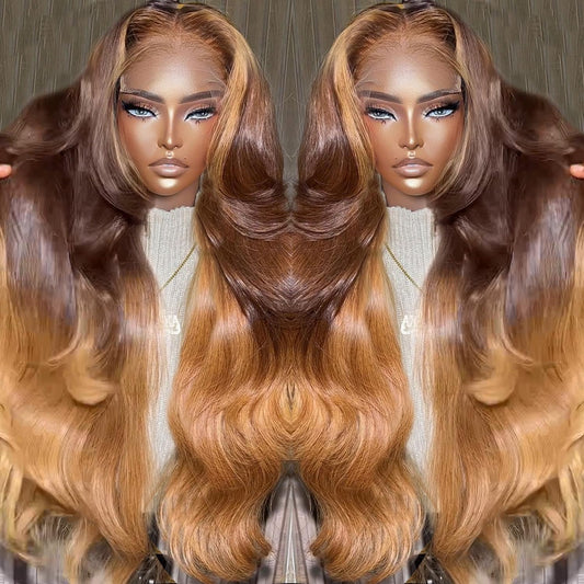 250% Density 13x6 Honey Blonde Wig Human Hair Pre Plucked With Baby Hair 13x6 HD Transparent Body Wave Lace Front Wigs 4/27 Colored Highlight Ombre Lace Front Wig Human Hair Brazilain Virgin 22Inch