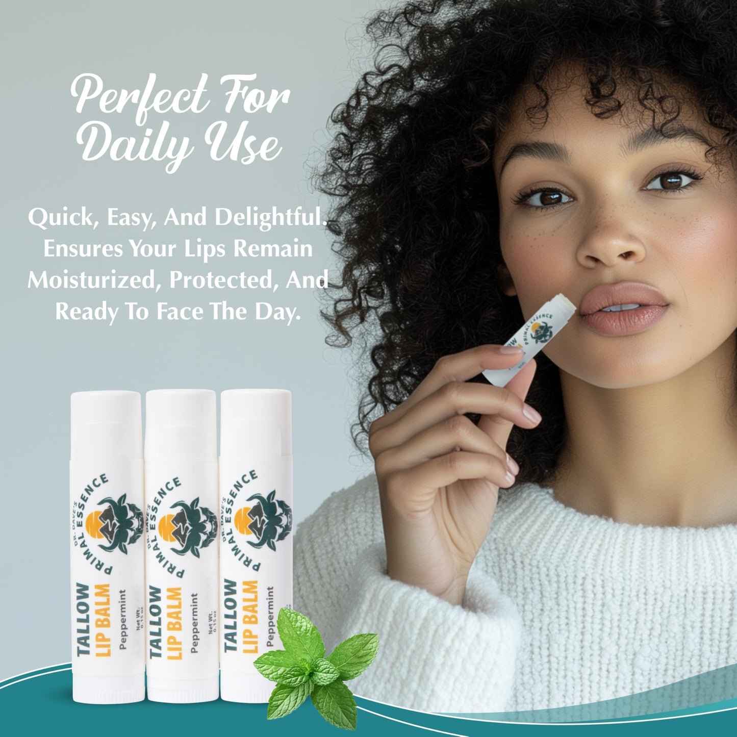 Dr. Dave's Primal Essence Moisturizing Tallow Lip Balm - Grass-Fed Beef Tallow with Organic Coconut Oil, Beeswax and Vitamin E - Peppermint, 3-Pack
