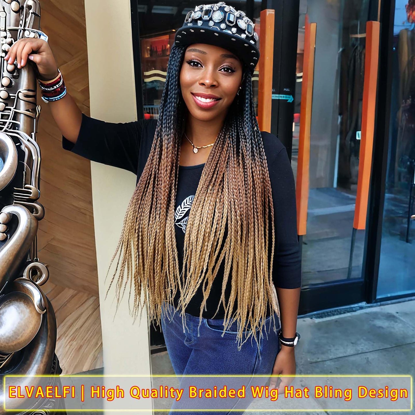 ELVAELFI 24inch Box Braid Hair Extensions Ombre Brown, Punk Studs Flat Baseball Cap Wigs for Women Girls Easy Wear