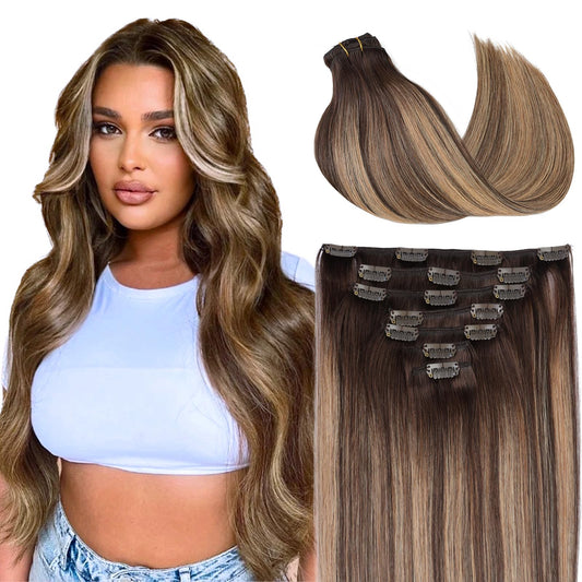EnthayPow Clip in Hair Extensions Real Human Hair，Chocolate Brown to Caramel Blonde Hair Extensions for Women，Natural Hair Clip in Hair Extensions，Remy Human Hair Extensions，20 Inch 7pcs/120g