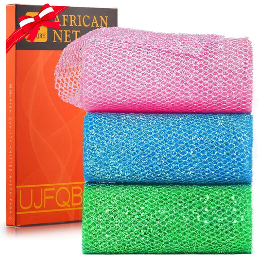 3 Piece Bright Style African exfoliating net Exfoliating Shower Set Long Bath Sponges for Smooth, Refreshed Skin, The Exterior Gleams - Ideal for Daily Use (Bright Pink, Blue, Green)
