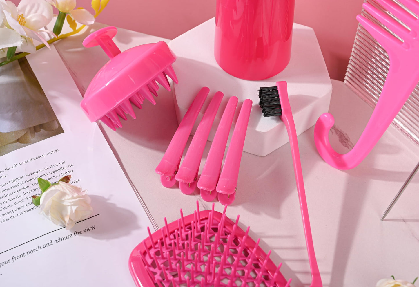 12 Pcs Hair Brush Set, 3 Pieces Slick Back Hair Brushes for Toddlers, Women, Detangling Brush for Wet Dry Curly Hair, Edge Bristles Wide Tooth Rat Tail Combs for Baby Girls (Rose Red)