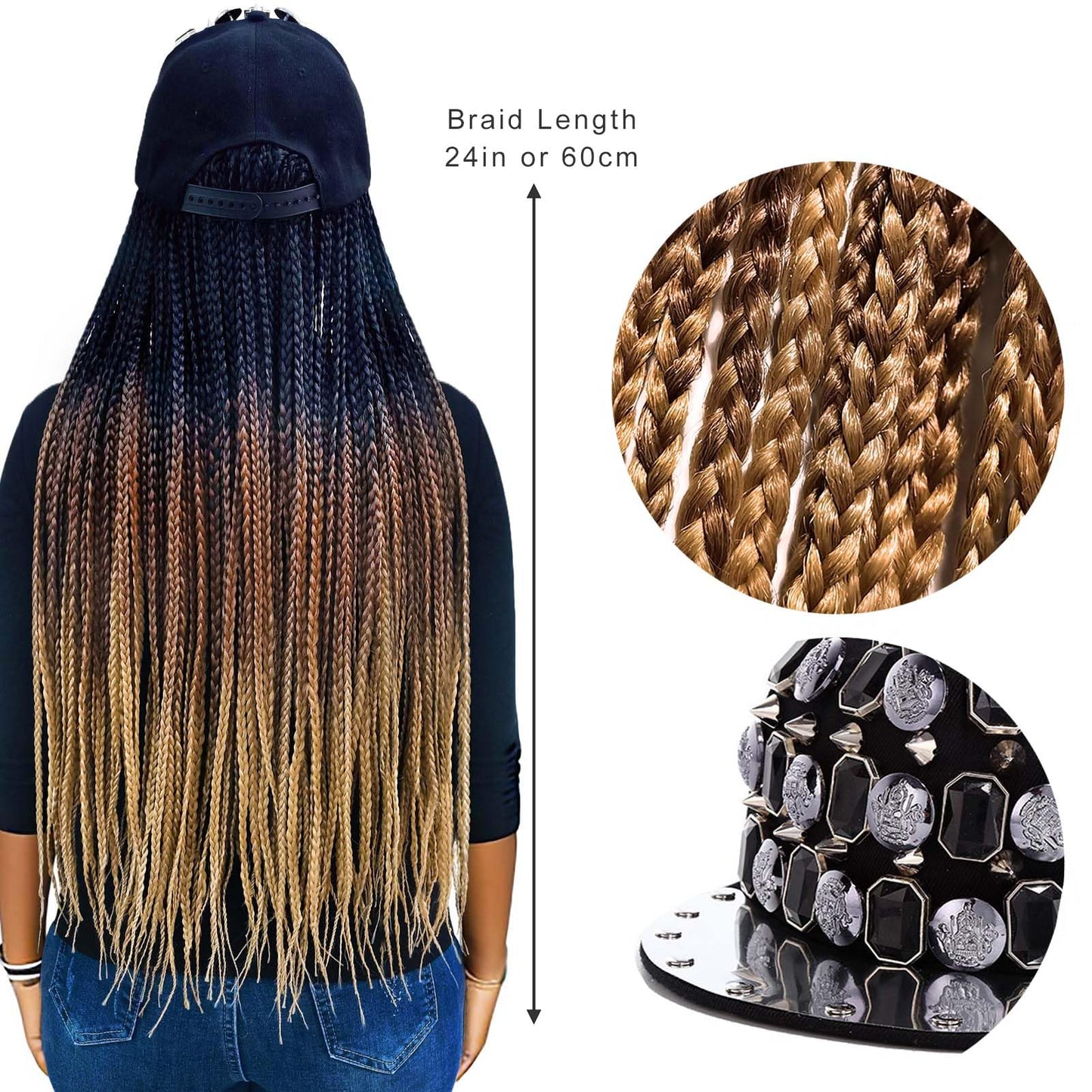 ELVAELFI 24inch Box Braid Hair Extensions Ombre Brown, Punk Studs Flat Baseball Cap Wigs for Women Girls Easy Wear