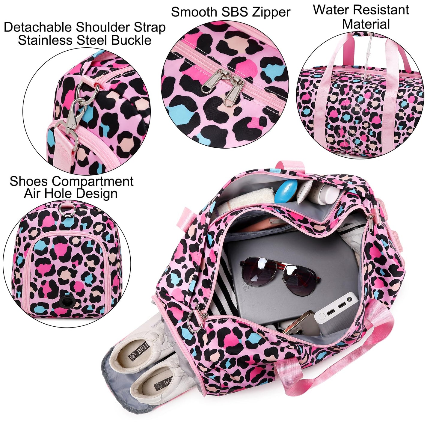 Duffle Bag for Teens Girls Teen Dance Bag Leopard Print Pink Gym Bag with Shoes Compartment & Wet Separation Waterproof Sports Overnight Travel Bag