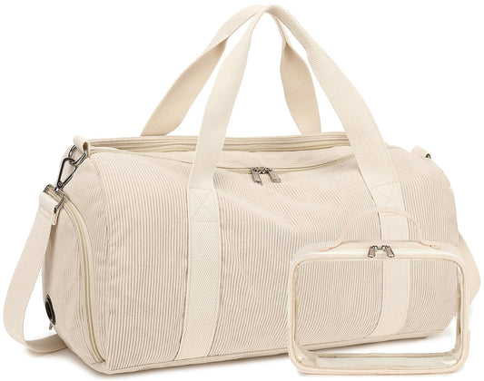 Duffle Bag for Gym Sports Women Girls Workout Travel Bag Weekender with Shoe Compartment and Wet Pocket (2-Corduroy-beige)