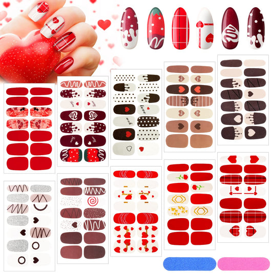140 Pcs 10 Sheets Valentine's Day Full Wrap Nail Stickers Polish Strips Gradient Stickers Glitter Self Adhesive DIY Art Decals Strips with 2 Pcs Nail Files for Valentine Decor (Sweet Style)