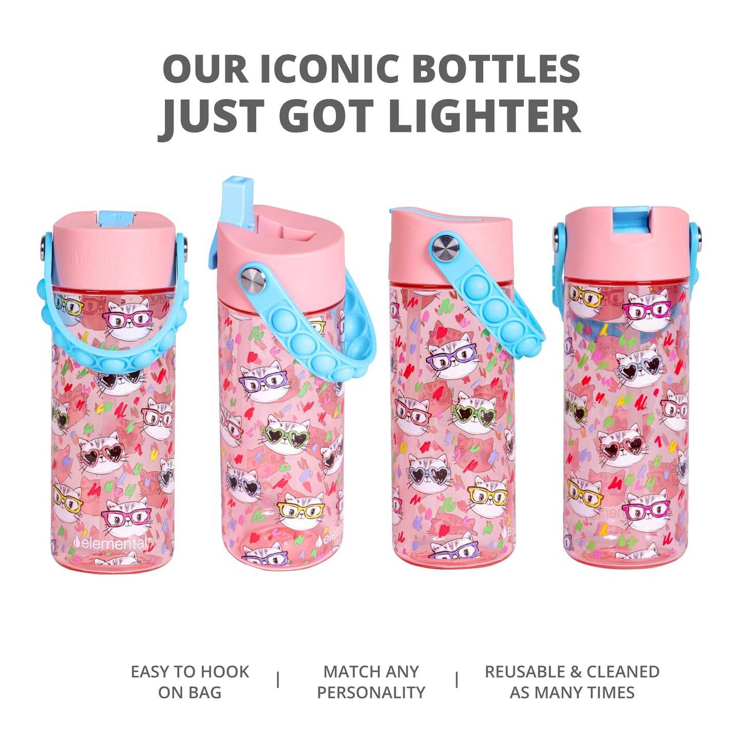 Elemental Leak Proof Water Bottles for Kids - Splash Kids Water Bottle for School with Fun Fidget Pop-it Handle - BPA Free Tritan Plastic Reusable Water Bottle with Straw - Stylish Cat - 18oz