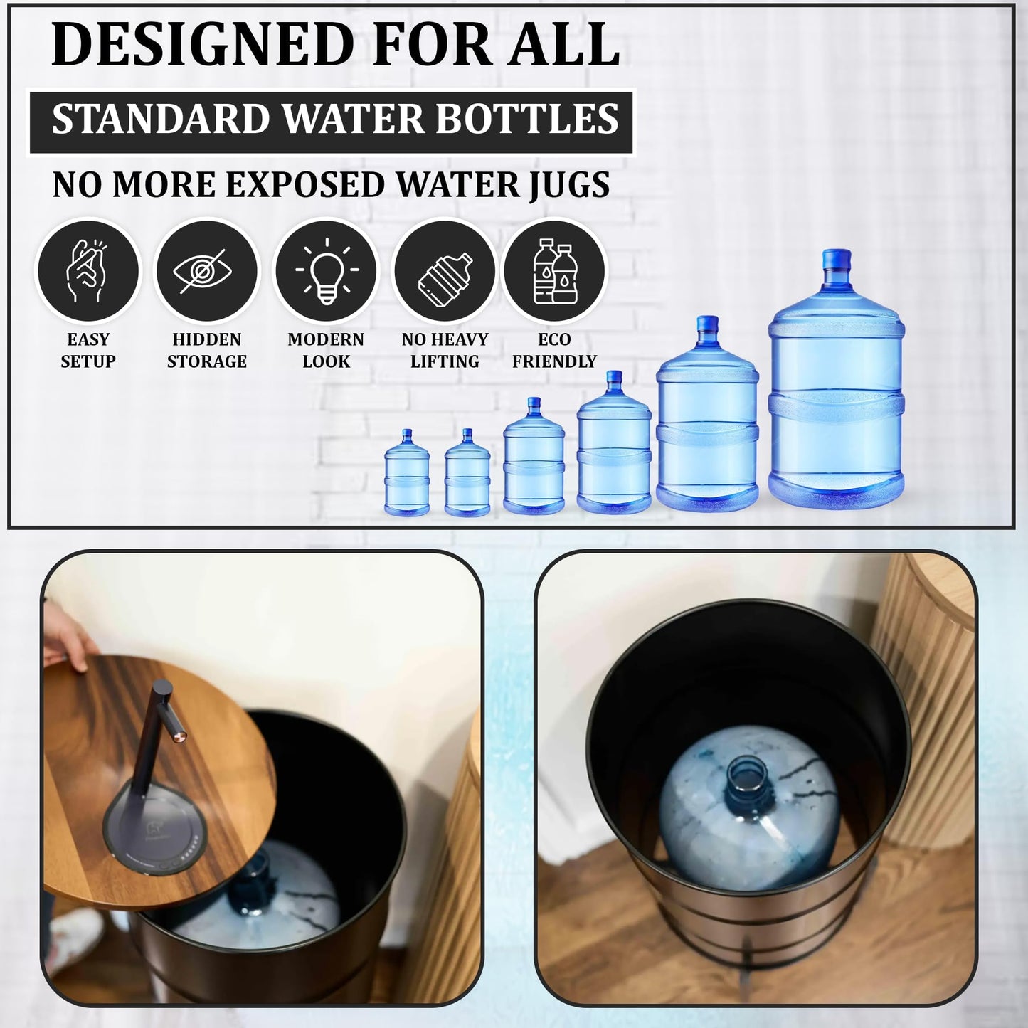 Electric Wooden Water Dispenser for 5-Gallon Bottle – Concealed Storage for 5 Gallon Water Jug, Silent Rechargeable Motor – Scratch & Rust-Resistant - Black