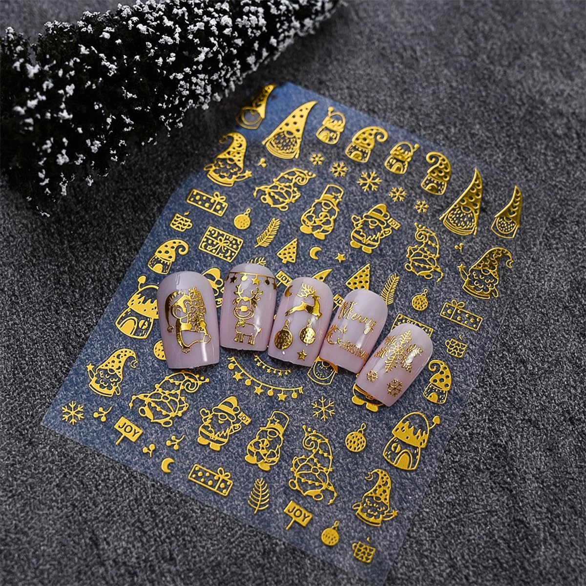 12 Sheets Christmas Nail Stickers - Gold Nail Decals with Snowflake, Snowman, Elk, Tree & Santa Claus Designs - 3D Self-Adhesive Holiday Xmas Nail Art Decals for Manicure Decorations