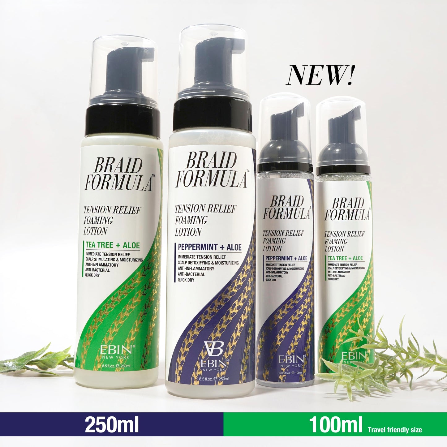 EBIN NEW YORK Braid Formula Tension Relief Foaming Lotion Peppermint & Aloe 8.5 fl. oz. 250ml Nourishing and Hydration, Style your Braids with Ease, Frizz Control