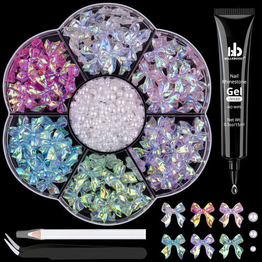 120 Pcs 3D Nail Bow Charms + 2-4mm Nail Pearls Set 2, 6 Colors Shiny Bow Charms and White Flatback Pearls with Nail Charm Glue Gel(UV Needed) and Pickup Tools for Nail Art Decoration