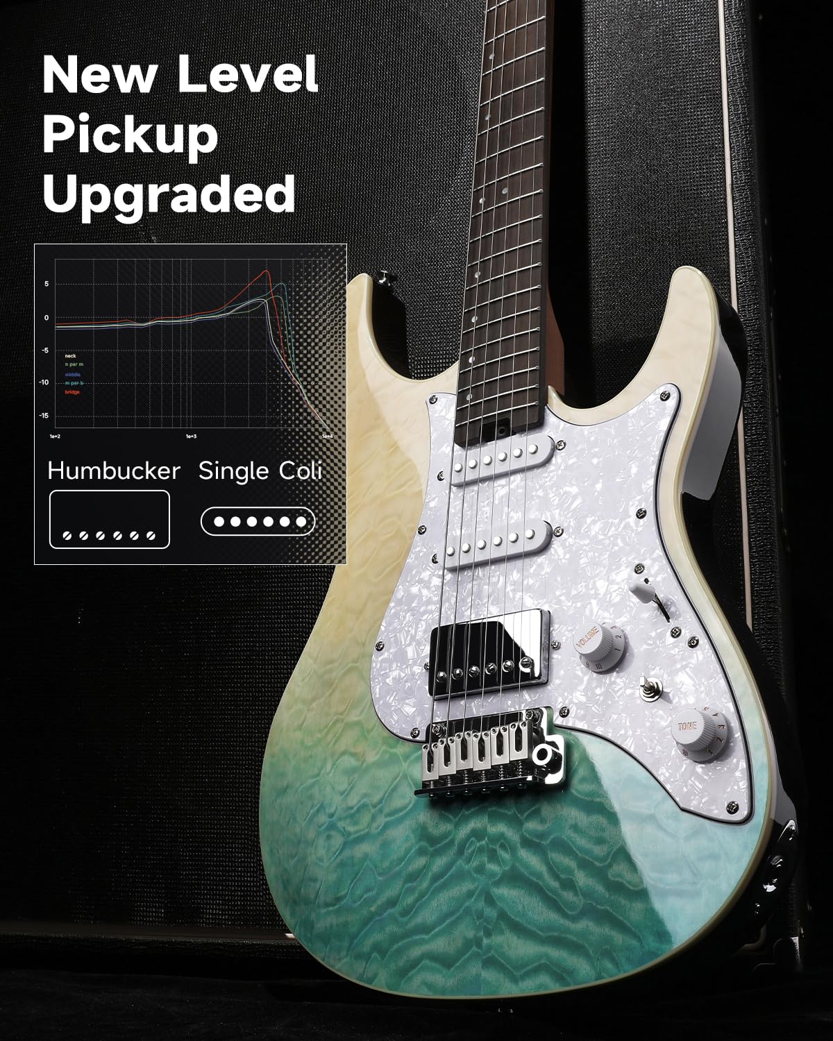 Donner 39 Inch Electric Guitar, DST-550 Color Gradient Poplar Body, Laurel Fretboard & Maple Veneer, 7 Tone Options, Tremolo Bridge, for Intermediate & Pro Players – Caribbean Shoreline Gradation