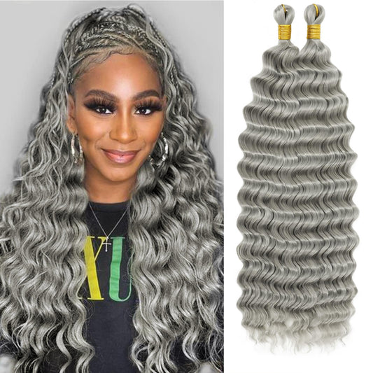 Eerya Long Curly Braiding Hair 18 Inch 2 Packs Grey Ocean Wave Crochet Hair for Black Women Deep Wave Braiding Hair for Boho Braids (18 inch, Grey)