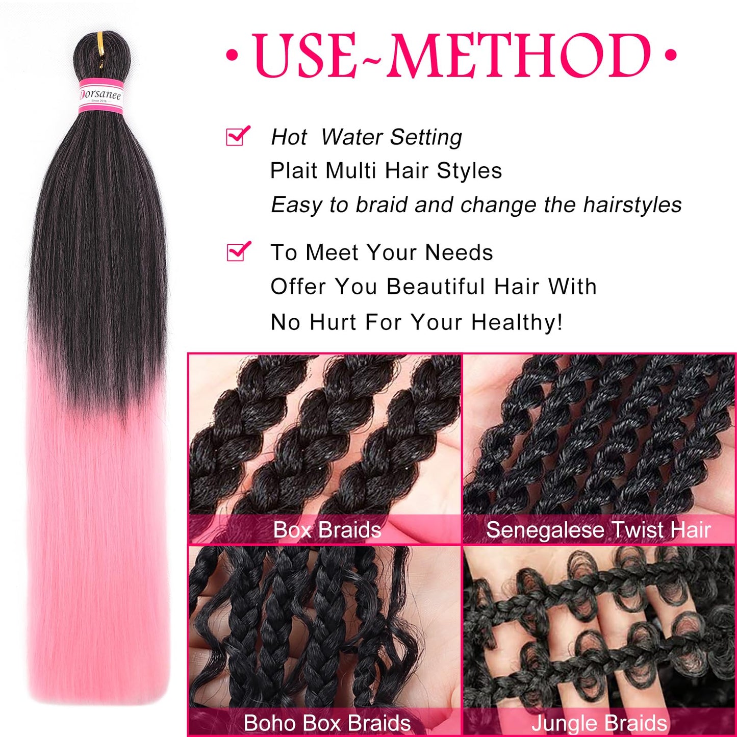 Dorsanee Ombre Pink Braiding Hair Pre Stretched 20 Inch 8 Packs Braiding Hair Extensions for Crochet Box Braids Twists Locs Hair Itch Free Soft Yaki Texture Hot Water Setting (20inch,#1B/Pink)