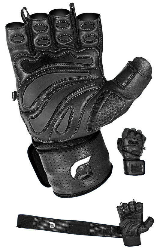 Elite Leather Gym Gloves with Built in 2" Wide Wrist Wraps Best Leather Glove Design for Weight Power Lifting Bodybuilding & Strength Training Workout Exercises (Black, Medium)