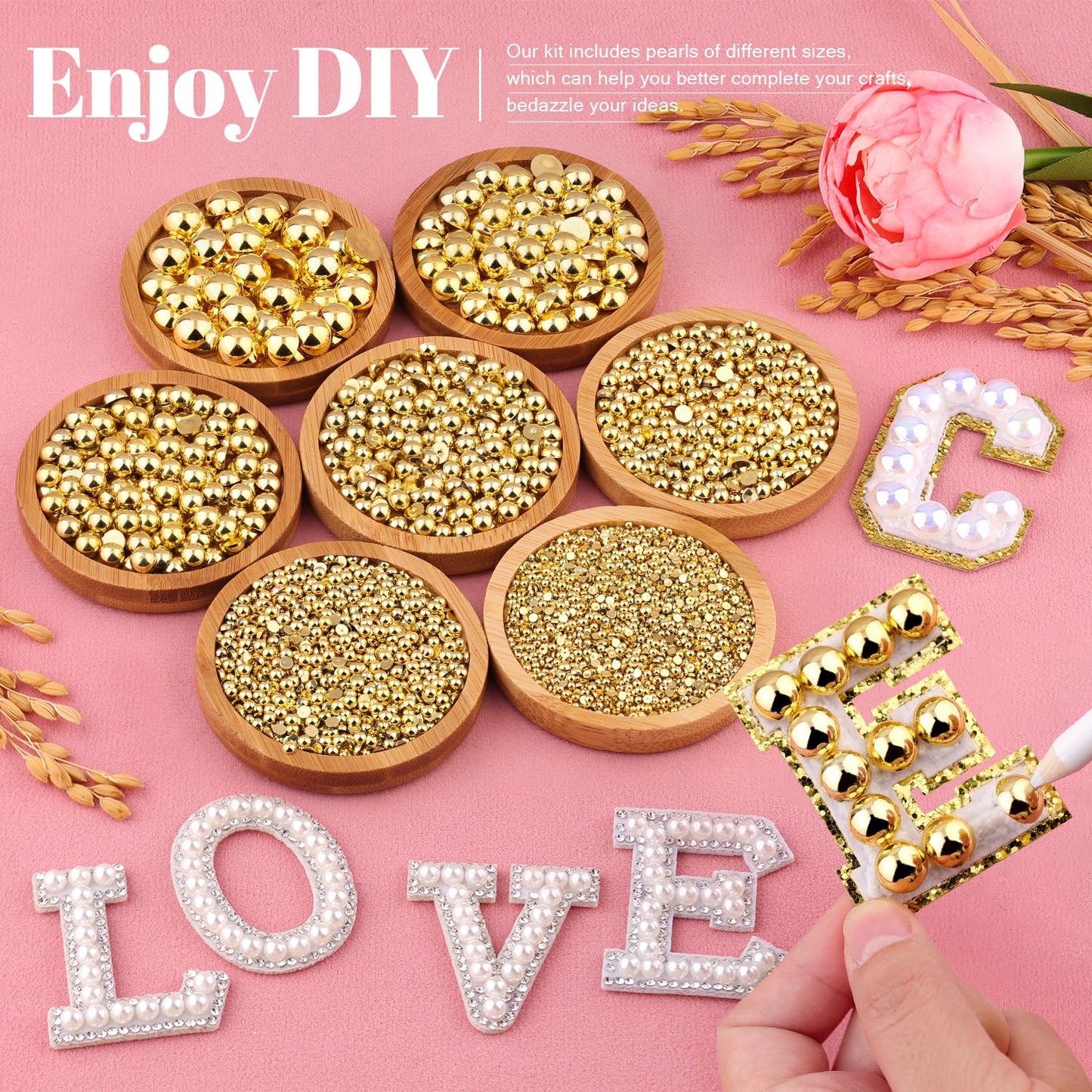 11000Pcs Flatback Pearls for Crafting (Gold), Assorted Size 2/3/4/5/6/8/10mm Half Pearl with 3Pcs 10ml B7000 Jewelry Glue, Bedazzling Bead for DIY Crafts Clothing Tumblers Shoes Embellishment Nail Art