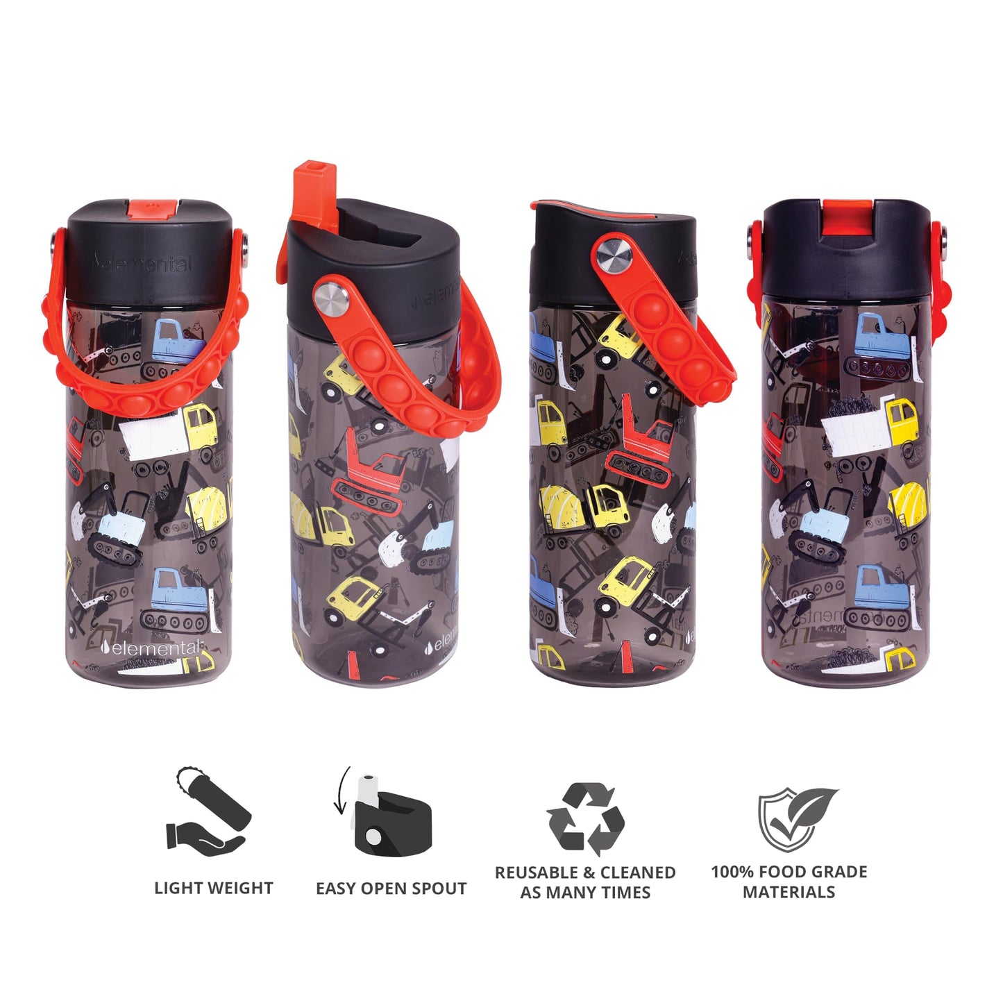 Elemental Leak Proof Water Bottles for Kids - Splash Kids Water Bottle for School with Fun Fidget Pop-it Handle - Tritan Plastic Water Bottle with Straw - Sports Ball & Construction - 18oz (2 Pack)