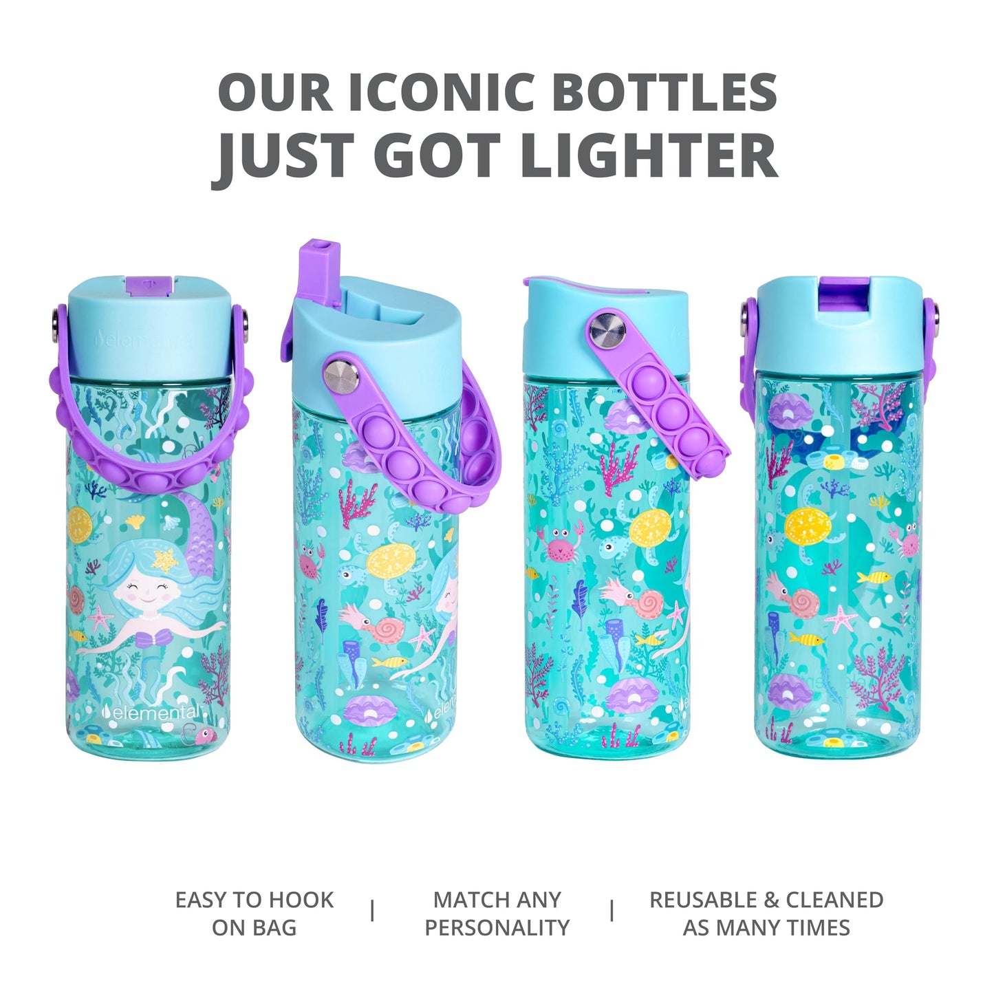 Elemental Leak Proof Water Bottles for Kids - Splash Kids Water Bottle for School with Fun Fidget Pop-it Handle - Tritan Plastic Water Bottle with Straw - Mermaid & Pink Unicorn - 18oz (2 Pack)