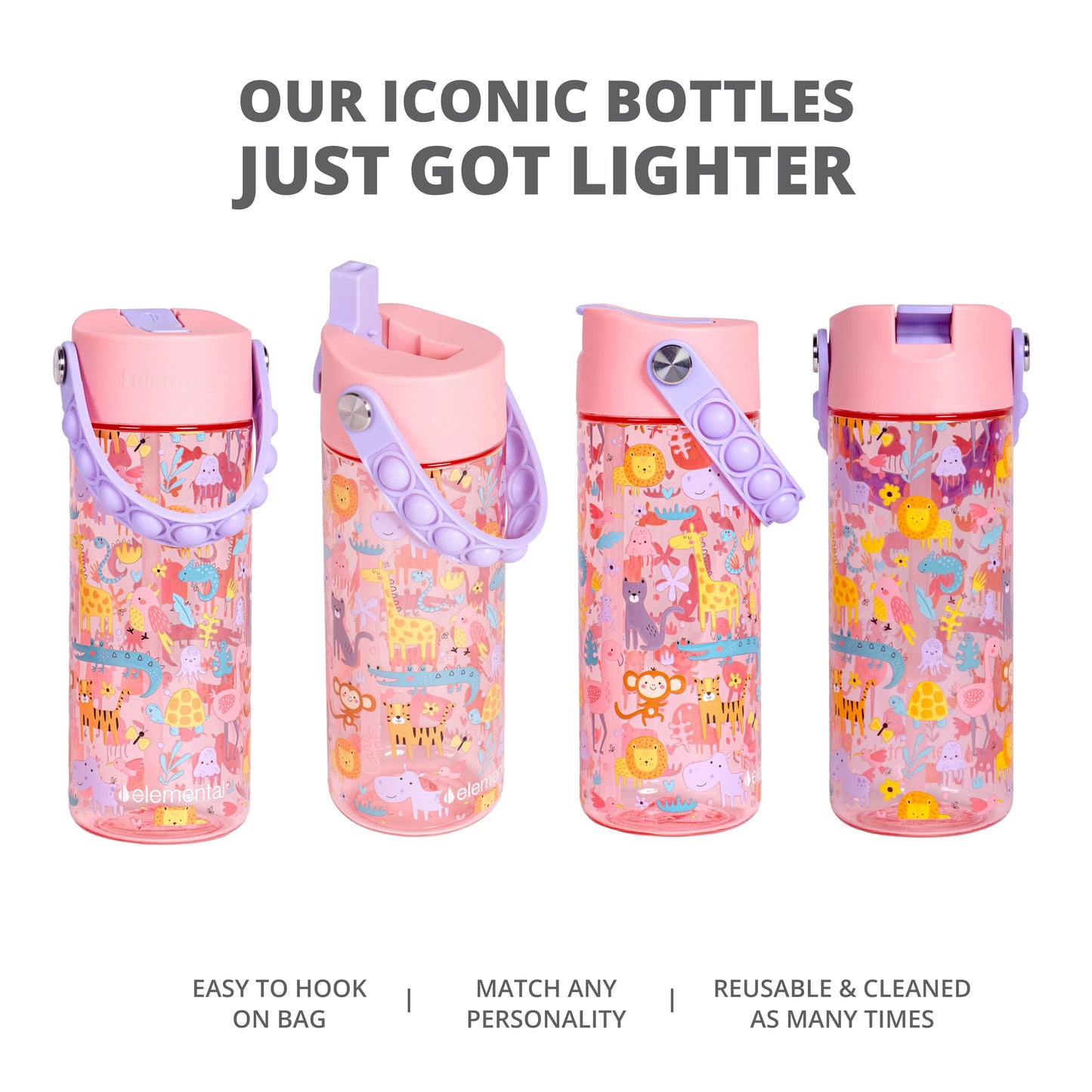 Elemental Leak Proof Water Bottles for Kids - Splash Kids Water Bottle for School with Fun Fidget Pop-it Handle - BPA Free Tritan Plastic Reusable Water Bottle with Straw - Pink Safari - 18oz