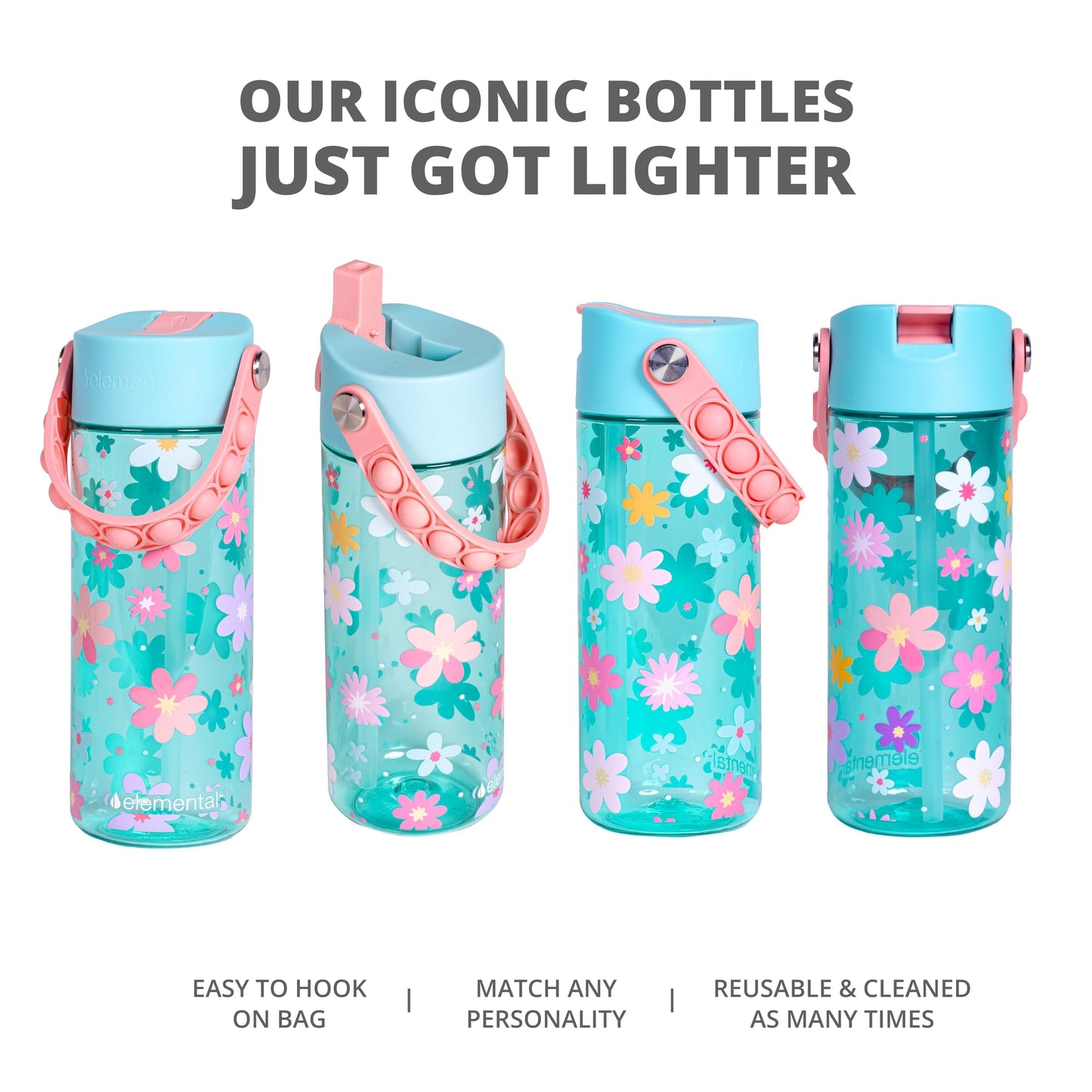 Elemental Leak Proof Water Bottles for Kids - Splash Kids Water Bottle for School with Fun Fidget Pop-it Handle - Tritan Plastic Water Bottle with Straw - Stylish Cat & Spring Blossom - 18oz (2 Pack)