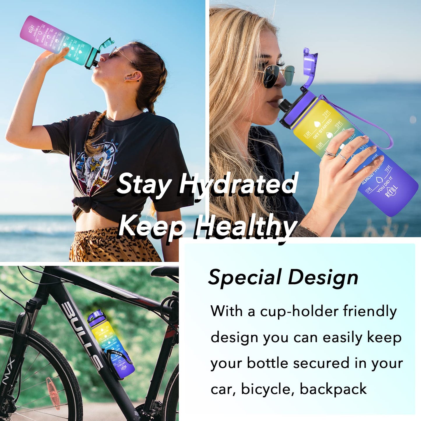 Enerbone 32 oz Water Bottle, Leakproof BPA & Toxic Free, Motivational Water Bottle with Times to Drink and Straw, Fitness Sports Water Bottle with Strap for Office, Gym, Outdoor Sports