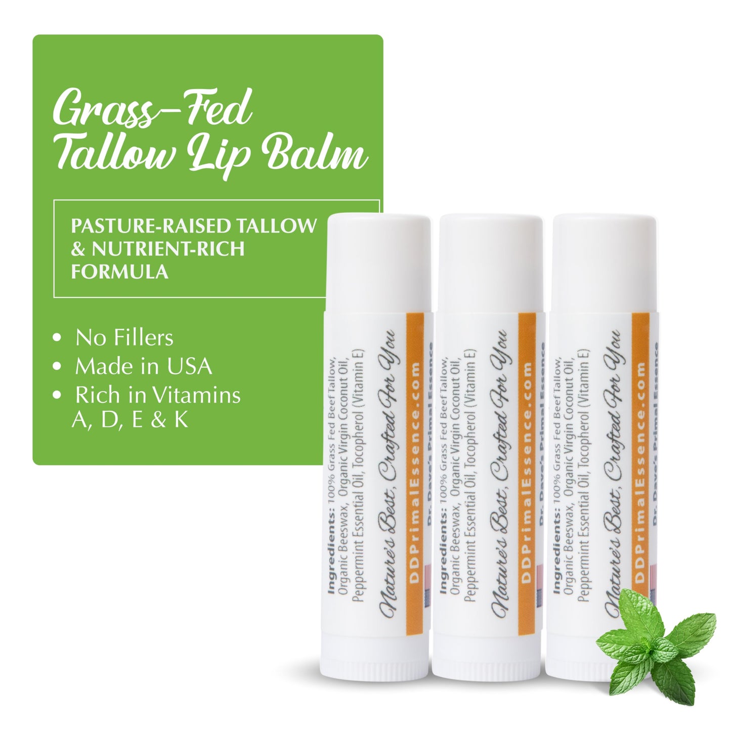 Dr. Dave's Primal Essence Moisturizing Tallow Lip Balm - Grass-Fed Beef Tallow with Organic Coconut Oil, Beeswax and Vitamin E - Peppermint, 3-Pack