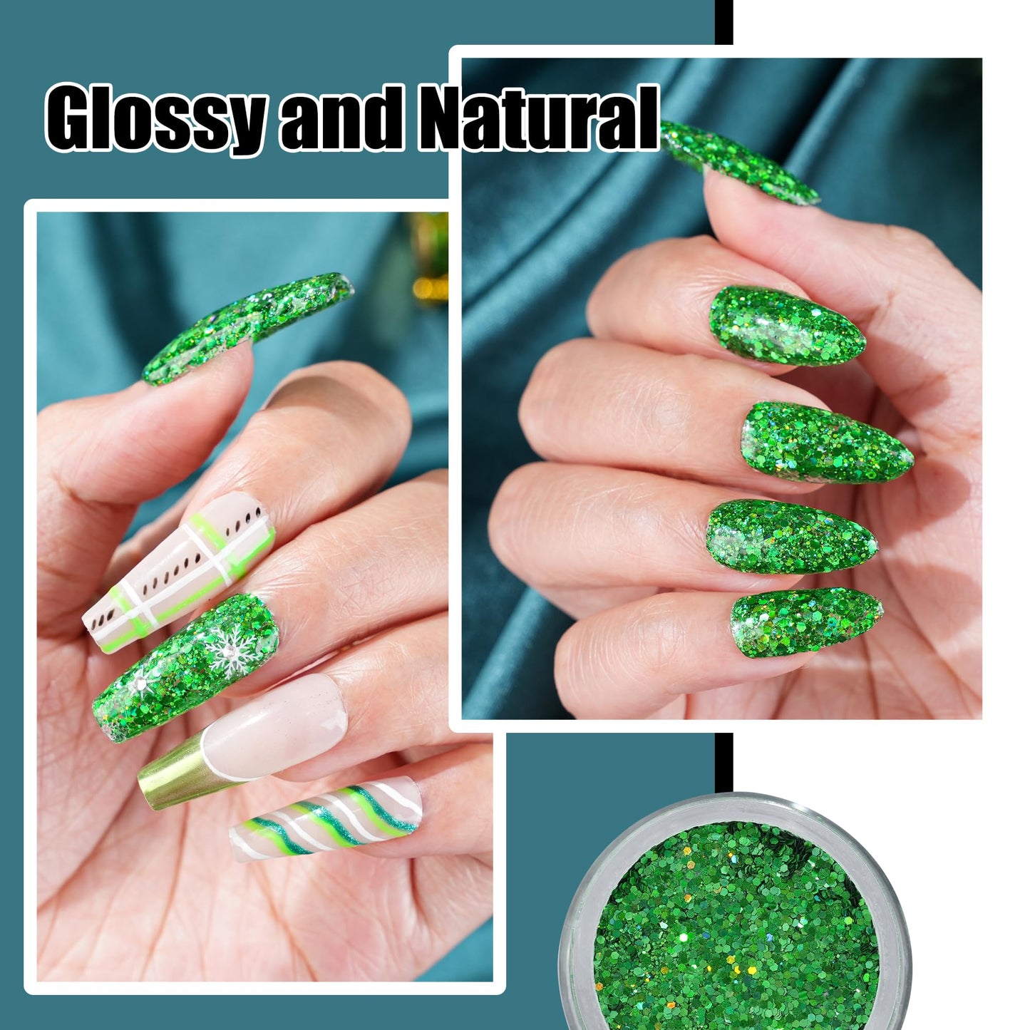 EODCI Dip Powder 1oz/28g Glitter Green Color Nail Dipping Powder French Pro Collection System Nail Art Starter Manicure Salon DIY at Home, Odor-Free & Long-Lasting