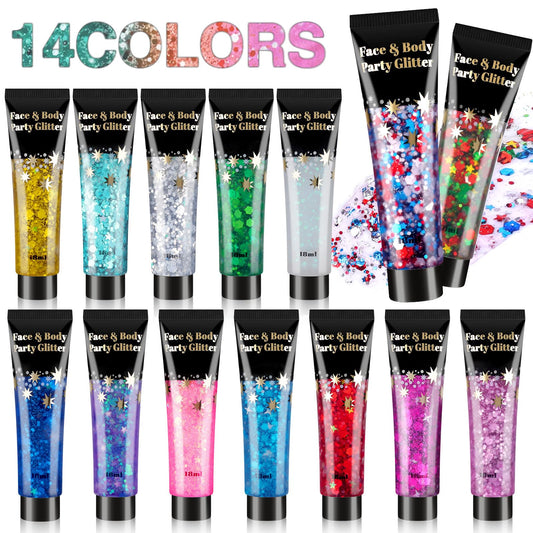 14 Colors Body Glitter,Face Glitter for Valentine’s Day,Hair Glitter,Makeup Section Glitter Gel,Daylight Glitter Gel for Body,Face,Hair, Eyeshadow,Glitter for Festival,Party,Face and Body Glitter Gel