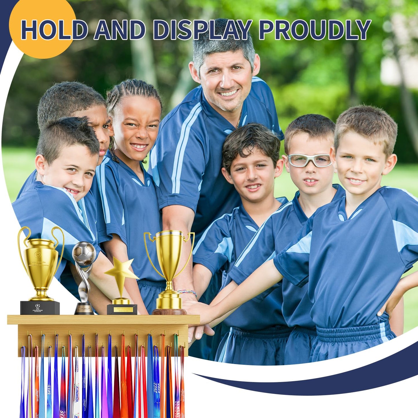 DSVENROLY Medal Holder Display Trophy Shelf Organizer,Sturdy Wooden Medal Trophy Hanger Rack with 25 Steel Hooks, Wall Mount Medal Hanger for Race Medals Trophies Easy to Install (1PC，Nature Wood)