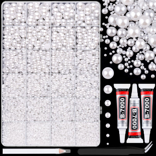 11000Pcs Flatback Pearls for Crafting (White), Assorted Size 2/3/4/5/6/8/10mm Half Pearl with 3Pcs 10ml B7000 Jewelry Glue, Bedazzling Bead for Crafts Shoes Graduation Cap Decorations Nail Art