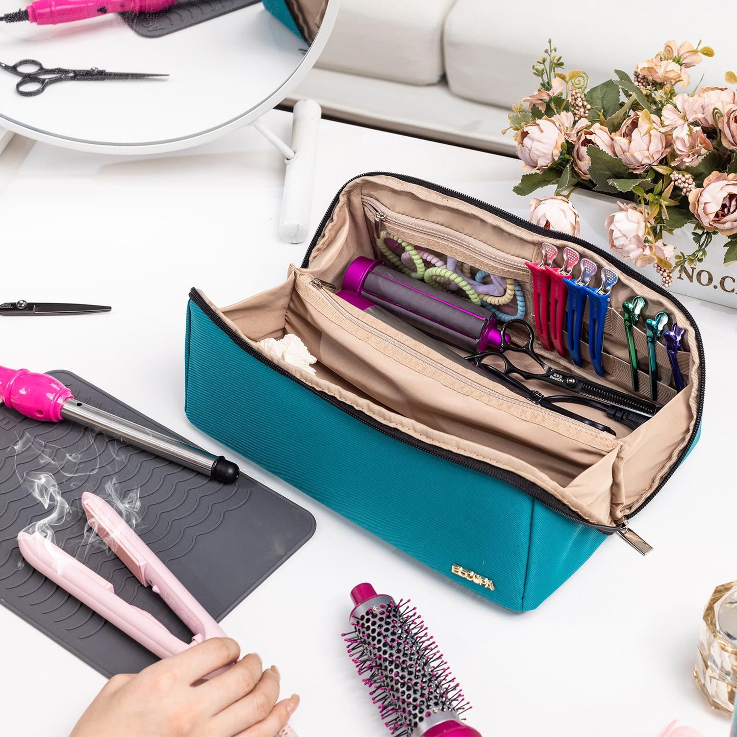ELCUPA Large Travel Bag - 2in1 Hair Tools Organizer for Dryer Brush, Flat Irons, Straighteners, Curling Irons, Makeup Bag for Travel Essentials