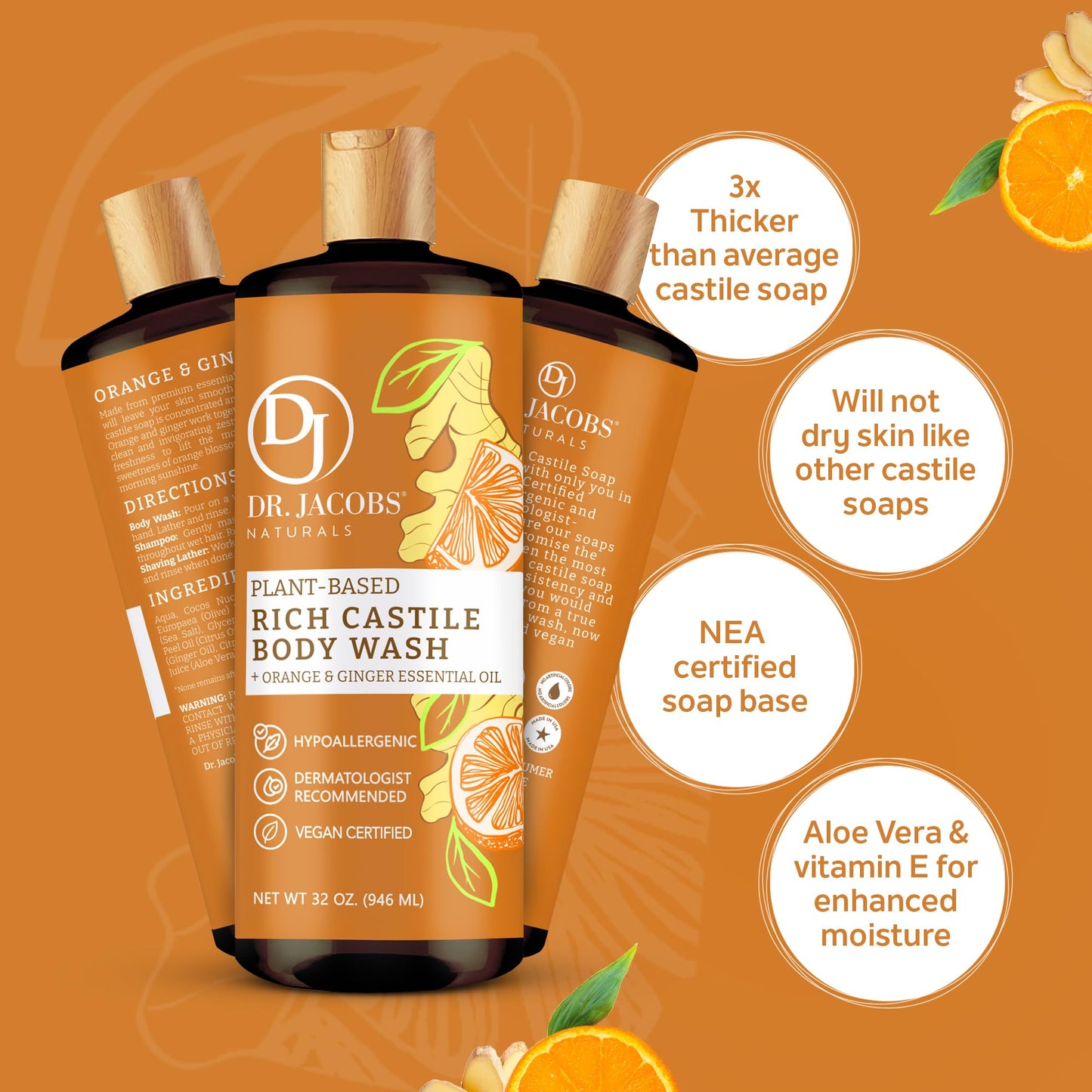 DR. JACOBS NATURALS Castile Orange & Ginger All-Natural Body Wash for Moisturizing Dry and Sensitive Skin Shampoo with Plant-Based Ingredients Gluten, Preservatives-Free Formula - 32 oz