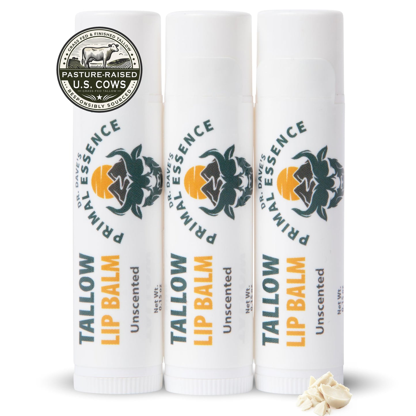 Dr. Dave's Primal Essence Moisturizing Tallow Lip Balm - Grass-Fed Beef Tallow with Organic Coconut Oil, Beeswax and Vitamin E - Unscented, 3-Pack