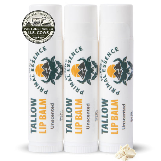 Dr. Dave's Primal Essence Moisturizing Tallow Lip Balm - Grass-Fed Beef Tallow with Organic Coconut Oil, Beeswax and Vitamin E - Unscented, 3-Pack