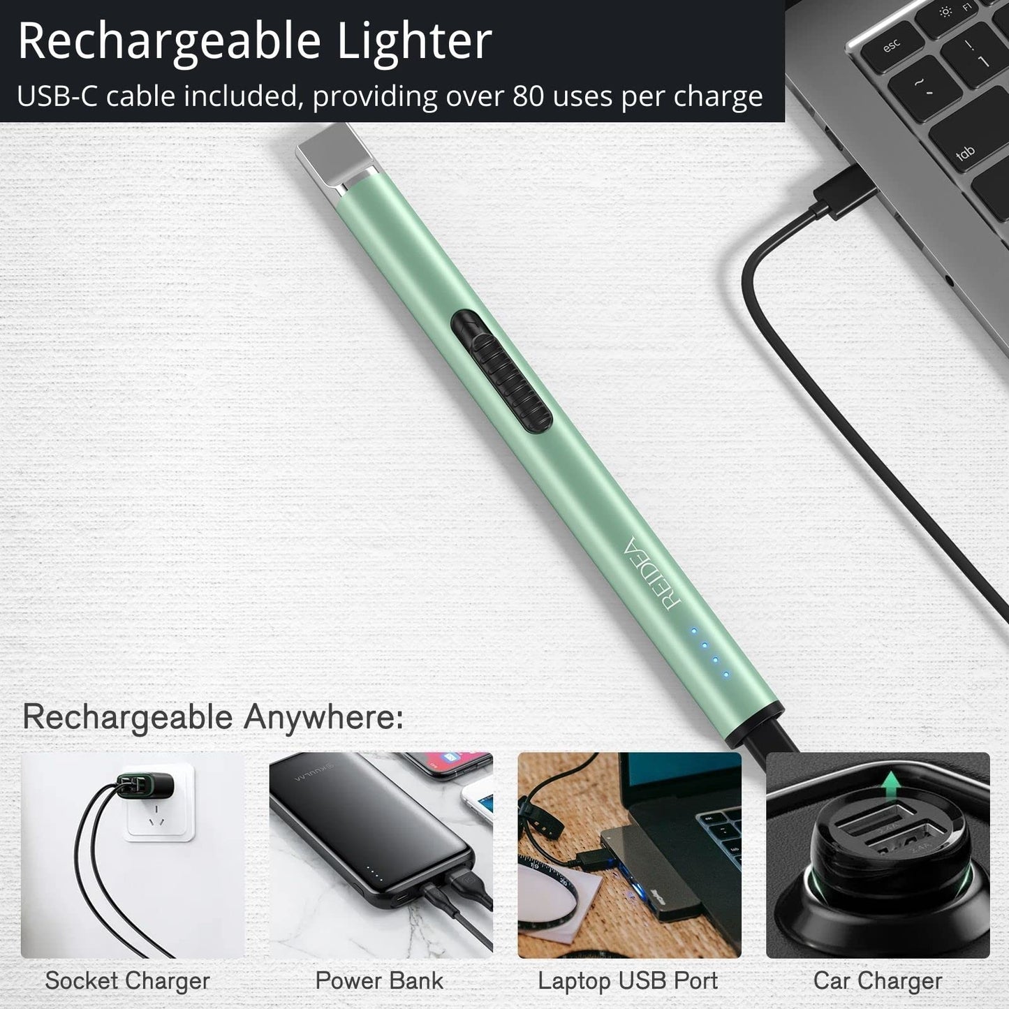 Electric Lighter 2 Pack REIDEA S4 Pro USB Rechargeable Safety Lock with LED Battery Indicator Flameless Windproof Arc Plasma Lighter for Candle, Fireworks (Mint Green)