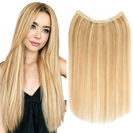 Elailite Halo Hair Extensions Real Human Hair for Women Golden Brown & Bleach Blonde Clip in Remy Hairpiece with Adjustable Invisible Wire 20 Inch 70G