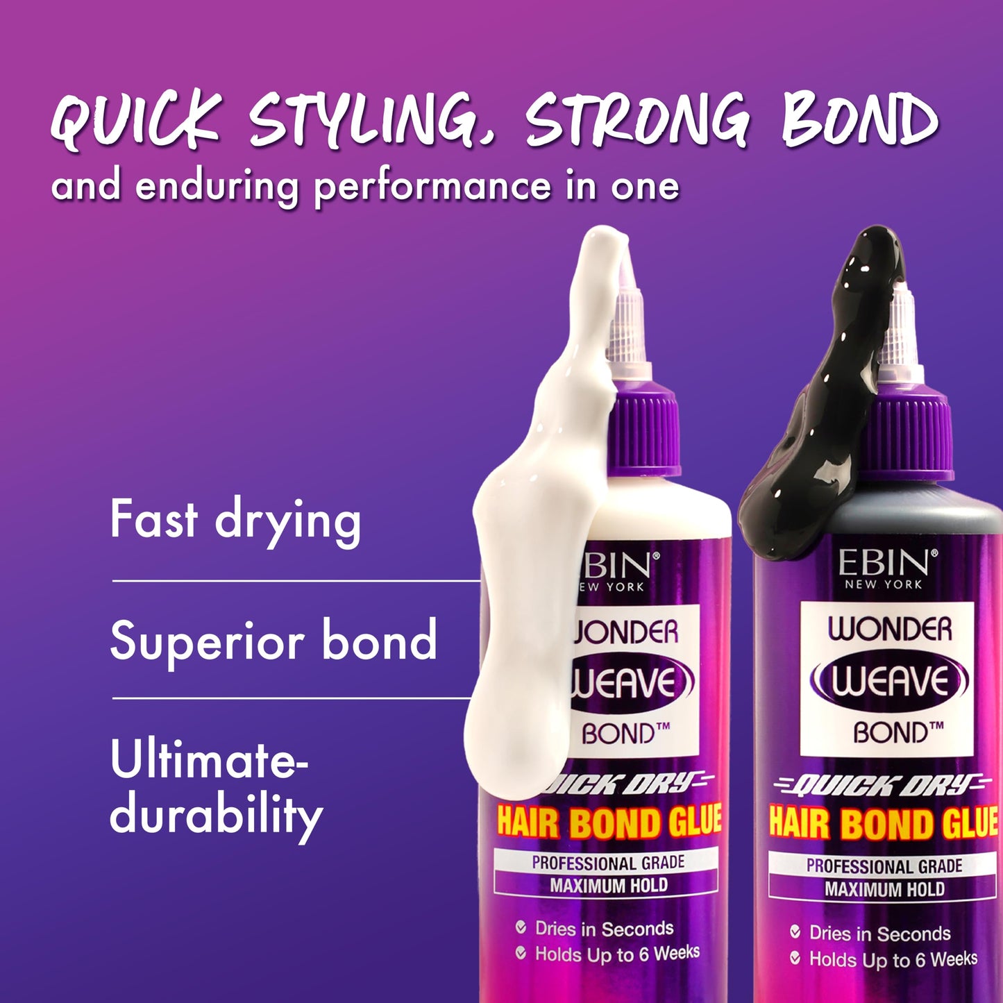 EBIN NEW YORK Wonder Weave Bond Hair Bond Glue 4 Fl Oz (Black) – Quick-Dry Hair Glue with Strong Hold for Weaves and Tracks – Long-Lasting Bonding Formula for Salon or at-Home Quick Weave Application