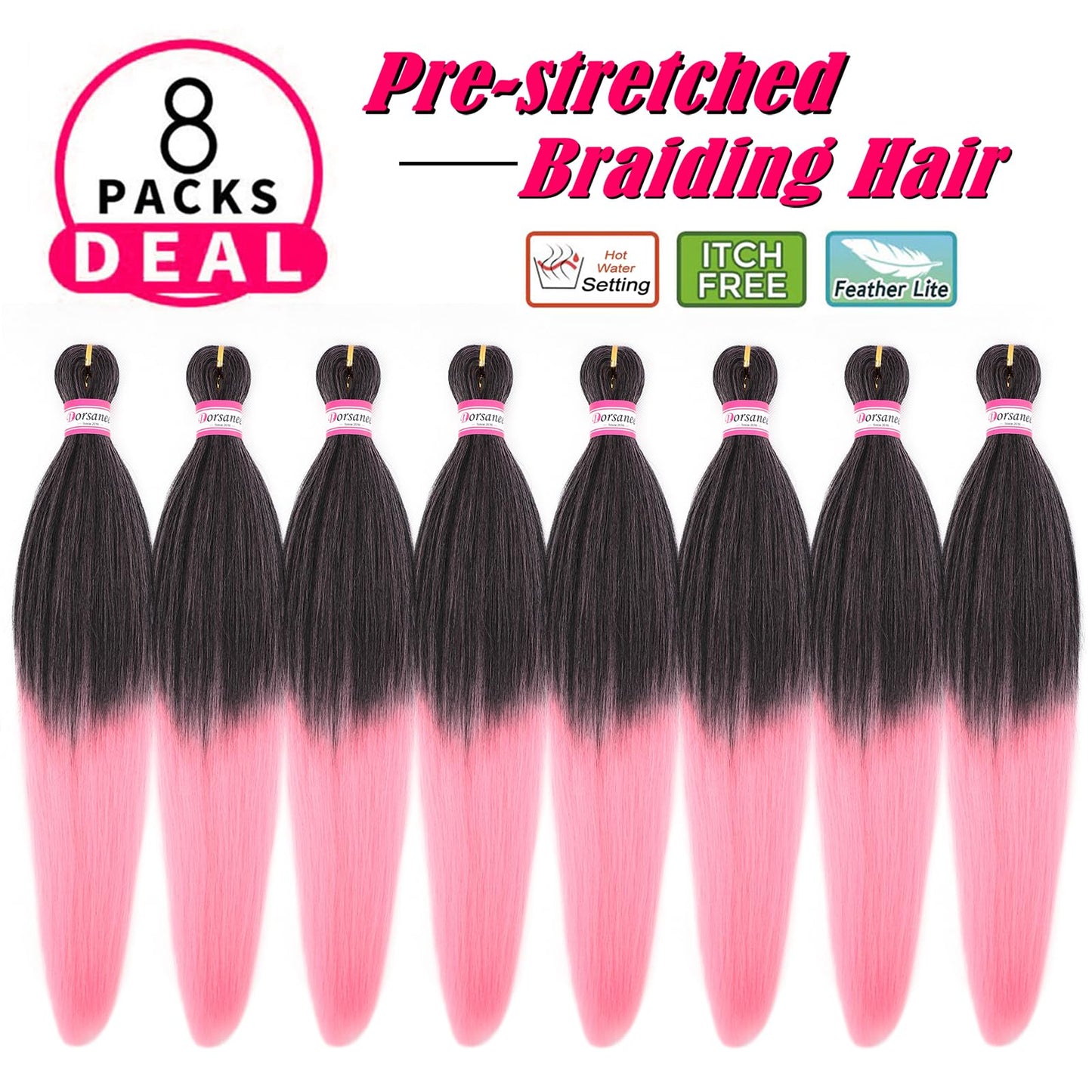 Dorsanee Ombre Pink Braiding Hair Pre Stretched 20 Inch 8 Packs Braiding Hair Extensions for Crochet Box Braids Twists Locs Hair Itch Free Soft Yaki Texture Hot Water Setting (20inch,#1B/Pink)