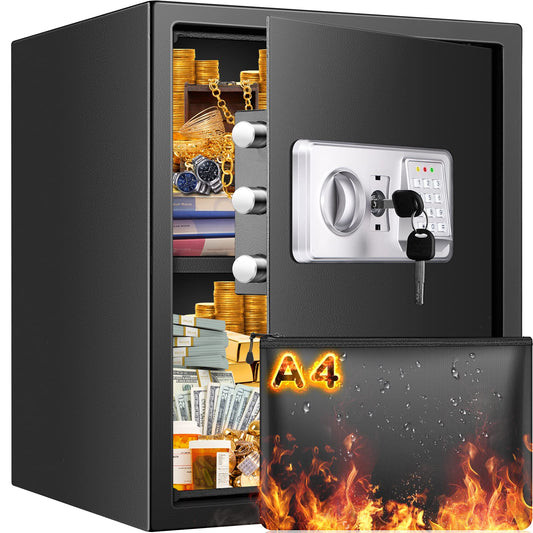 3.0 Cub Large Fireproof Safe Box for Home Use, Anti-Theft Home Safes Fireproof Waterproof, Money Safe for Home with Fireproof Bag and Removable Shelf, Safe Fireproof for Money Firearm A4 Document