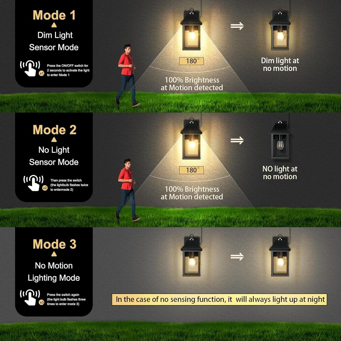 2 Pack Solar Porch Lights Outdoor, Dusk to Dawn Motion Sensor Solar Wall Lantern with 3 Modes, Separate Panel & Power Replaceable Exterior Waterproof Wall Sconce Lighting Lamp for House Garage Patio